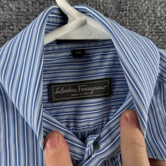 Salvatore Ferragamo XS Blue Stripe Short Sleeve Button Up Shirt Men Cotton Woven - Picture 10 of 15
